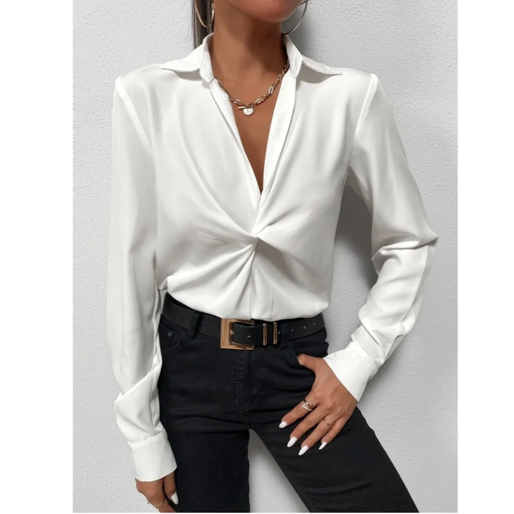 Twist Front White Office Shirt Long Sleeve Collar Neckline V-Neck - Picture 3 of 10